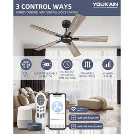 YOUKAIN Ceiling Fan without Light, 52 Inch Black Ceiling Fans, Smart Ceiling Fans Remote & APP Control, Reversible Blades, Outdoor Ceiling Fan for Bedroom, Living room, 52-YJ812-BK-NL