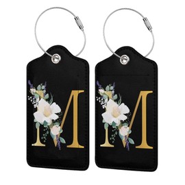 2 PCS Flower Lette M Luggage Tag for Suitcases Leather Travel Cruise Luggage Tags with Stainless Steel Loop Privacy Cover Id Label Suitcase Tags Black