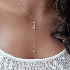 Carovo Cute Cubic Zirconia Lariat Necklace 14K Gold Plated CZ Y Necklaces Chain for Women Y-Shaped Jewelry Gifts