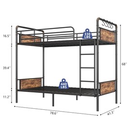 Jocoevol Metal Bunk Bed Twin Over Twin, Industrial Bunkbeds Heavy Duty Bed with Safety Guard Rails and Space-Saving Design, Steel Bed for School, Bedroom (Vintage Brown)