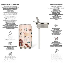 LES ARTISTES Paris A-4340 Insulated Canister Thermos 280ml BPA Free Insulated Flask Reusable Collapsible Pourer with Straw Stainless Steel Farm Design