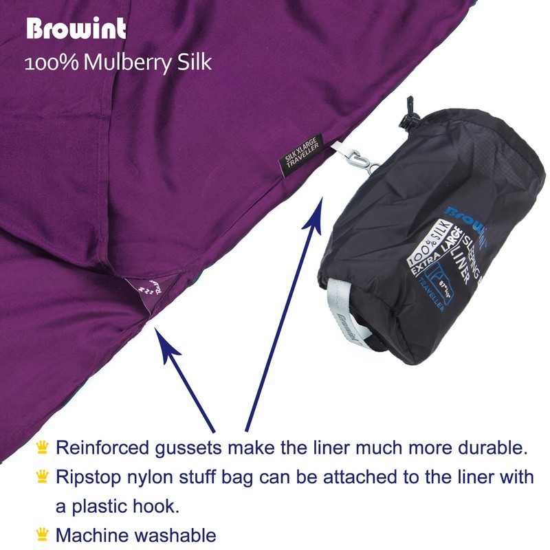 Browint Silk Sleeping Bag Liner, 100% Mulberry Silk Sleep Sheet,