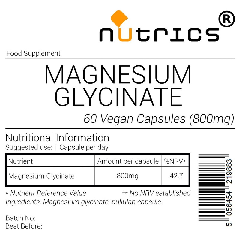 Nutrics® 800mg Magnesium GLYCINATE 100% Pure Highly Absorbable Strong V