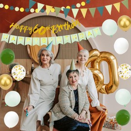 60th Birthday Decorations for Women Men, Green Happy 60th Birthday Banner with Birthday Balloons, Green Gold Triangle Banner Number 60 Balloons for 60 Years Old Birthday Party Decorations.
