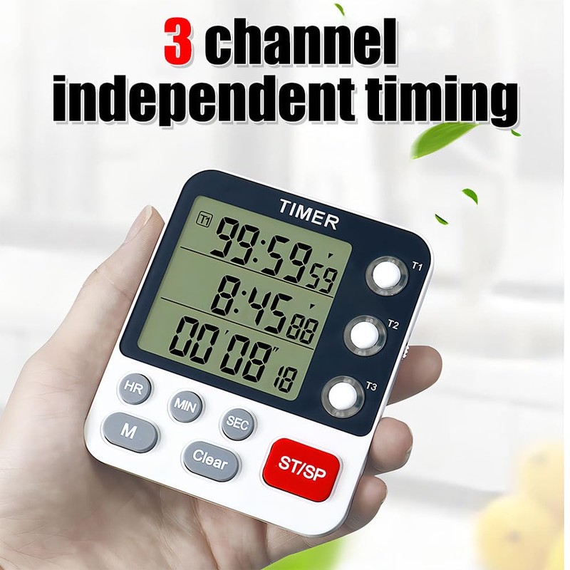 Digital Kitchen Timer, 3 Channels Magnetic Stopwatch Timer, Countdown/Stopwatch Cooking