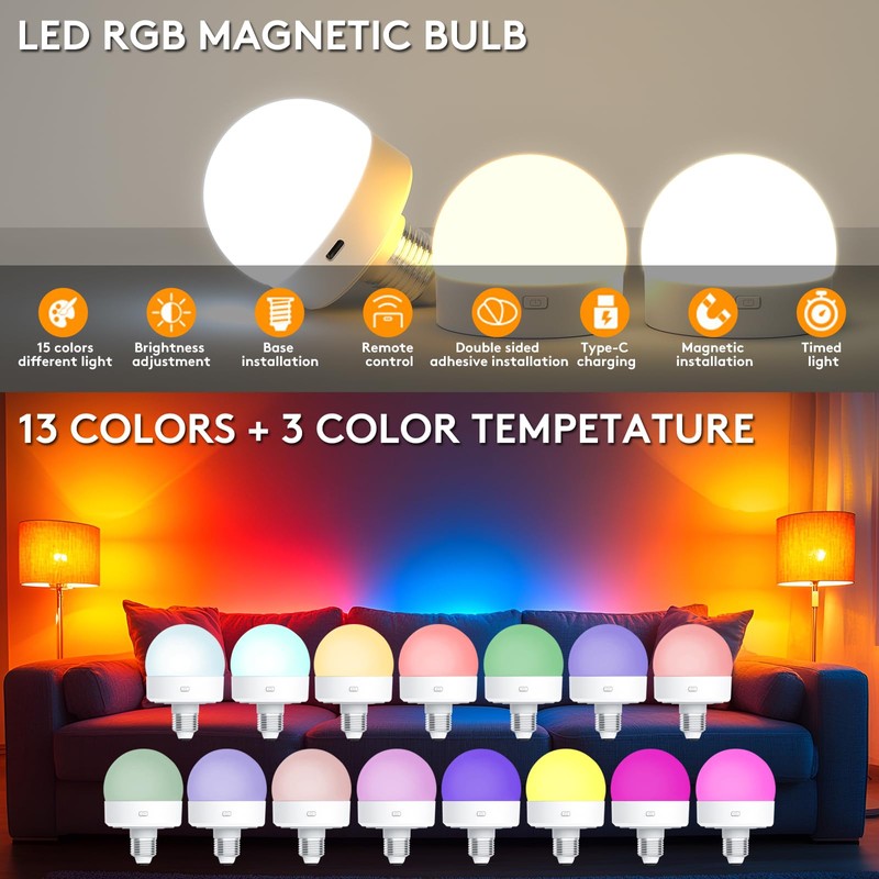 SIXDEFLY 2-Pack Rechargeable LED Light Bulbs（E26）， 350LM Dimmable, 15 Color