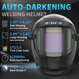 AZZUNO Auto Darkening Welding Helmet, Large Viewing 3.94"×3.82" with Side View 1.97"× 3.82", Solar Powered Welding Hood Mask with Wide Shade 4/5-8/9-13 for TIG/MIG/Stick Weld/Cut/Grind