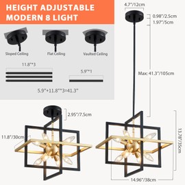 Majhoiw 8-Light Farmhouse Black and Gold Pendant Lights, Modern Geometric Chandelier Ceiling Lighting Fixtures for Kitchen Island, Living Room, Dining Room, Bedroom, Hallway