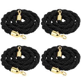 PINGEUI 4 Packs 4.9 Feet Stanchion Twisted Rope, Hemp Braided Queen Barrier Ropes, Barrier Ropes with Hooks for Hotel, Concerts, Theater, Black