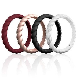 ROQ Silicone Wedding Ring for Women, Affordable Braided Stackable Silicone Rubber Wedding Bands, 4 Pack - Medical Grade Silicone - Maroon, Rose Gold, Marble, Black - Size 11