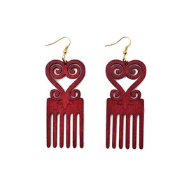 Vintage Natural Long Wood Comb Dangle Earrings Lightweight Ethnic African Carved Flower Heart Drop Earrings for Women Statement Wooden Jewelry-dark red