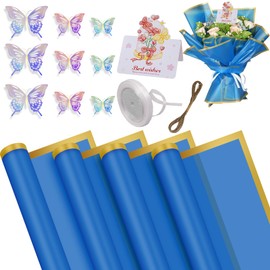 GoodUping 20 Sheets Flower Wrapping Paper, Waterproof Floral Bouquet Wrapping Paper Set with 3D Laser Butterfly Decorations, Ribbon, Jute Twine and Greeting Cards, DIY Crafts for Valentines Graduation Mother's Day Wedding Birthday Gift (Blue)