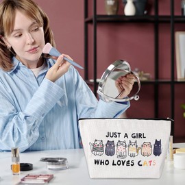 HJZHII Cat Makeup Bag, Cat Lover Gift Cats Themed Makeup Bag Cute Travel Cosmetic Bags with Zipper for Women Daughter Sisters Girlfriend Just A Girl Who Loves Cats Cartoon Cosmetic Bags Travel