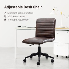 Furniliving Leather Home Office Chair, Armless Vanity Desk Task Chair with Wheels 360° Swivel Computer Rolling Desk Chair with Back, Adjustable Accent Chair with Gold Metal Base Stool