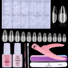 Almond Fake Nail Tips Medium: 600Pcs Full Cover Nail Tips for Acrylic Nails Professional Clear Nail Tip with Nail Glue Remover & Glue Acrylic False Nail Clippers Art Nail Extension Kit for Home Salon