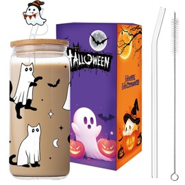 Vasos de vidrio fantasma de Halloween, taza de vidrio de 18 onzas con tapa y pajita, regalos espeluznantes para amantes de Halloween