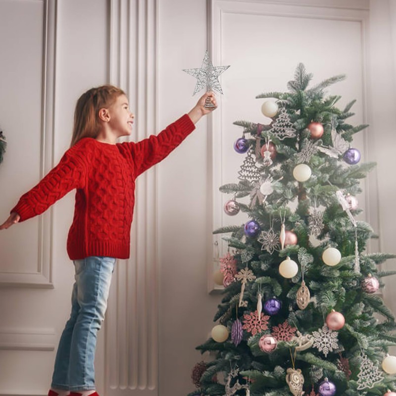 VEYLIN Christmas Tree Topper, Silver Glittered Hollow Christmas Tree Topper