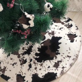 Cow Print Christmas Tree Skirt 48 Inch White and Black Faux Fur for New Year Holiday Party Ornaments Tree Mat