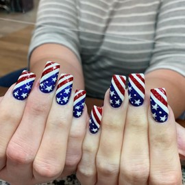 4th of July Press on Nails Medium Square America Flag Fake Nails Full Cover False Nails with Star Designs Tricolor Glossy Glue on Nails Star Acrylic Manicure Artificial Nails for Women Girls 24Pcs