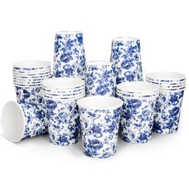 FYSUIMU 50 Pcs Blue White Floral Paper Cups Chinoiserie Flower Disposable Cups for Hot Cold Drinks Wedding Birthday Holiday Party Table Supplies, 9 Oz