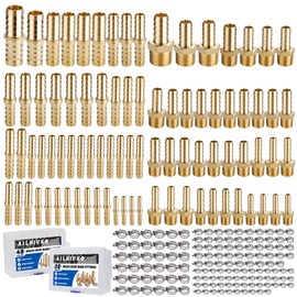 Ailbiuko 86PCS Brass Hose Barb Fittings,Barb Splicer Mender 1/8" 3/16" 1/4" 5/16" 3/8" 1/2" 5/8" 3/4" and Male Thread Adapter 3/8" Barbed to 1/4" NPT with 134Pcs Pipe Hose Clamps