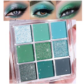 evpct 9 Colors Green Eyeshadow Palette, Light Bright Emerald Dark Teal Green Glitter Metallic Shimmer Sparkly Eye Shadow Eyeshadow Palette Makeup for Older Women Blue Eyes, Highly Pigmented Waterproof