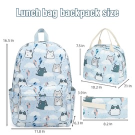 Lreneilu 3in1 School Backpacks for Girls, kids Bookbag Set with Lunch Box and Pencil Case Laptop Backpack for Women, Elementary Middle School Bags (Blue Cat)