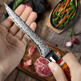 5.5" Boning Knife Fillet Knife Damascus Japanese Pro High Carbon Steel Sharp Curved Flexible Blade Kitchen Cleaver for Fish Poultry Chicken Meat Cutting with Sheath[Gift Box] Pakkawood Handle