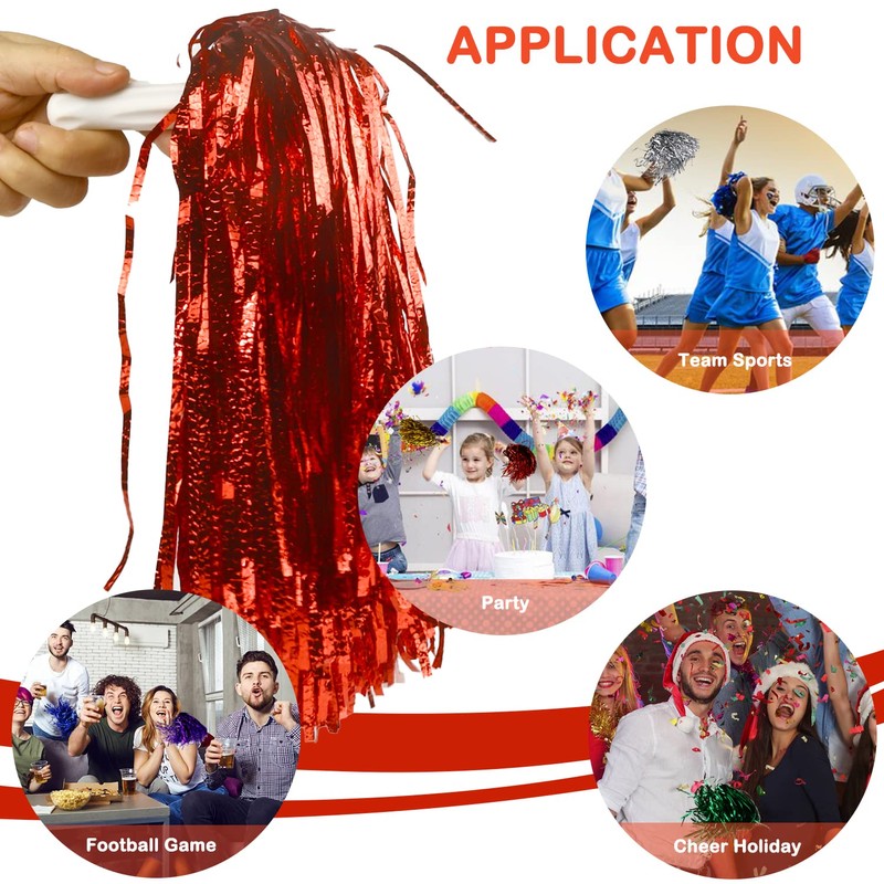 Lovecheer 24PCS Red Pom Poms Cheerleading Fluffy Metallic Cheer Pom