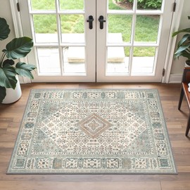 GENIMO Rugs Living Room Large Runner Rug Washable Bathroom Green Carpet for Hallway Non-Slip Long Boho Vintage Short Pile,60x120CM