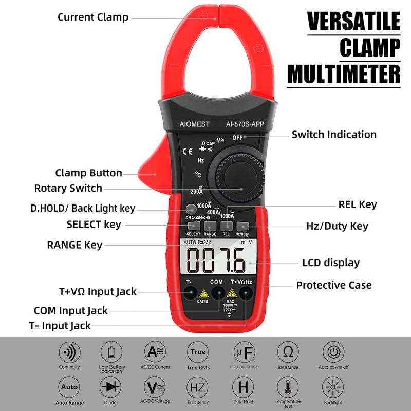 AIOMEST Clamp Meter Bluetooth Clamp Meter 570S-APP Digital Multimeter, Clamp