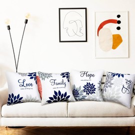 ZHILING Set of 4 Cushion Covers 50 x 50cm Navy style Family Faith Hope Love Words Pillow Cases Decorative Spring Summer Throw Pillow Covers for Sofa Bed Decor Square 20x20 Inches Throw Pillow Cases