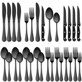 E-far 24-Piece Black Silverware Set with Steak Knives, Stainless Steel Flatware Cutlery Set for 4, Modern Metal Eating Utensils Sets Include Forks and Spoons Knife, Mirror Polished & Rust Proof
