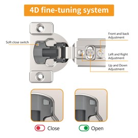 Chibery 50 Pack 9/16" Overlay 4D Concealed Hinges for Face Frame Door, Soft Close On/Off Switch, Self Closing, 105° Open Angle Concealed Stainless Steel Hinges for Framed Cabinet, Satin Nickel