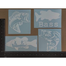 Bass Fishing Decal 4 Pack: Bass Jumping, Large Mouth Bass, Bass Fishing Boat, Detailed Jumping Bass (White, Small ~3.5")