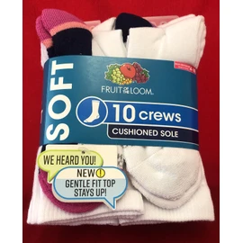 Fruit of the Loom Ladies Fruit of the Loom White Cushioned Crew Socks Shoe Size 4-10 New 10 Pairs