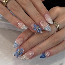CEWEWP Blue Flower Press on Nails Medium Almond Handmade Fake Nails 3D Flower with Golden Pearl Wave Beach Summer Press On Nails Designs French Tip False Nails for Acrylic Manicure Decorations 24Pcs