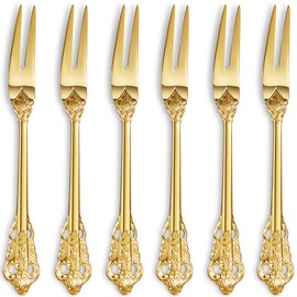 KEAWELL Luxury 6.3" Food Fork/Seafood Forks 18/10 Stainless Steel, Set of 6, Fruit Picks/Cocktail Forks/Charcuterie Accessories/Cocktail Picks for Appetizer, Cocktail, Pastry, Dessert (Gold)