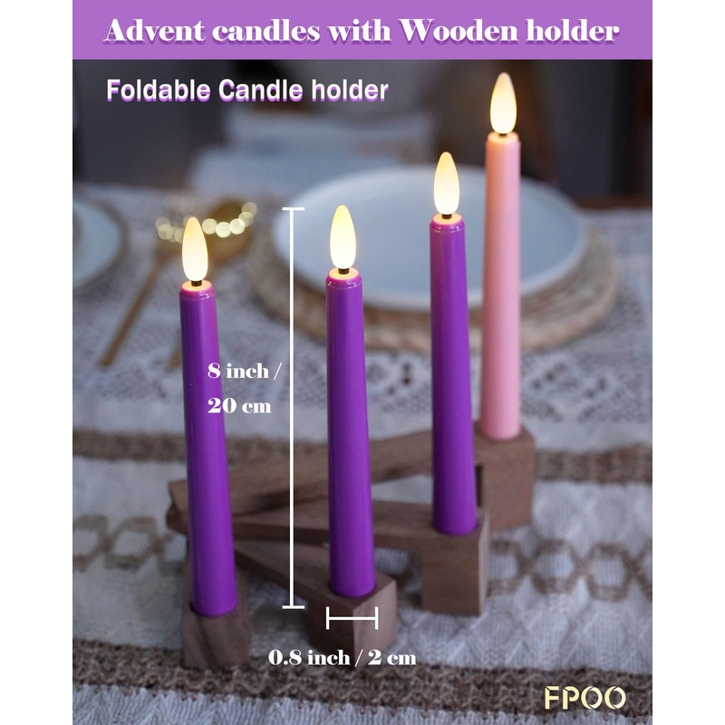 FPOO Flameless Advent Candles with Wooden Candle Holder, Advent Candles