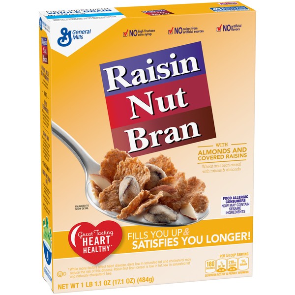 General Mills Raisin Nut Bran Cereal, with Whole Grain Flakes, 17.1 oz (Pack of 12)