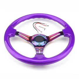 350mm 14" Racing Sport Steering Wheel Drifting Deep Dish 6 Bolts Purple Classic ABS Steering Wheel with Neo Chrome Spoke and Horn Button