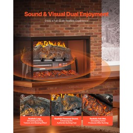 VEVOR 23 Inch Electric Fireplace Log Heater, Fireplace Insert with Crackling Sound, Remote Control, 5 Flame Brightness Levels, Thermostat, Timer, Overheat Protection, for Home Decor, Black