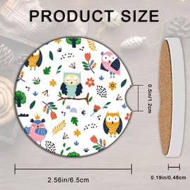 Cute Owls Forest Car Coasters 2 Pack for Cup Holders, 2.56 Inch Ceramic and Absorbent Non-Slip Cork Base with A Finger Notch for Women & Men