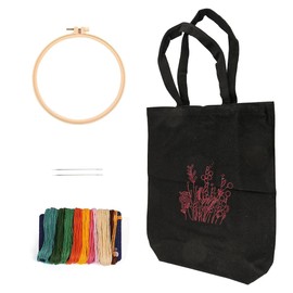 Laroal Cross Stitch Kit Canvas Bag Tote Bag with Floral Pattern for Beginners Arts and Crafts Kits for Adults, Black Embroidery Kit for Canvas Shoulder Bag