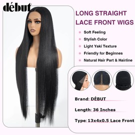 DÉBUT Light Yaki Straight Lace Front Wigs 36 Inches Super Long Wig 13x4x0.5 Middle Part Natural Hairline with Baby Hair Synthetic Wig for Women 1B Color