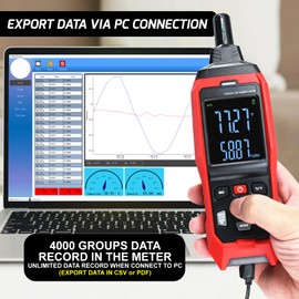 Humidity and Temperature Meter Data Logger Digital Psychrometer HVAC, Wet Bulb Thermometer Record 4000pcs Data and Export, Large LCD Humidity Tester Dew Point Meter with Indicator and Buzzer Alarm