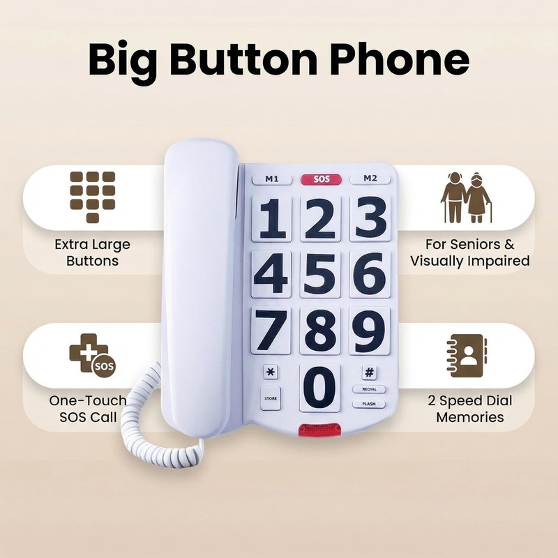 Corded Big Button Phone for Seniors Home, Wired Large Number