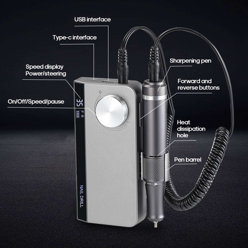 Portable Nail Drill Machine 35000 RPM Rotation Rate Adjustable Electric