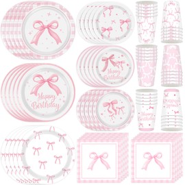 Pink Bow Birthday Party Supplies 120pcs Disposable Pink Bow Paper Plates and Napkins for Pink Bow Party Decorations Cups for or Girl Birthday Baby Shower Bachelorette Bridal , Serve 30
