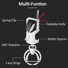 IUIU Metal Keychain with 2 Key Rings, Heavy Duty Carabiner Clip Car Key Holder with Bottle Opener and Package Opener - Silver